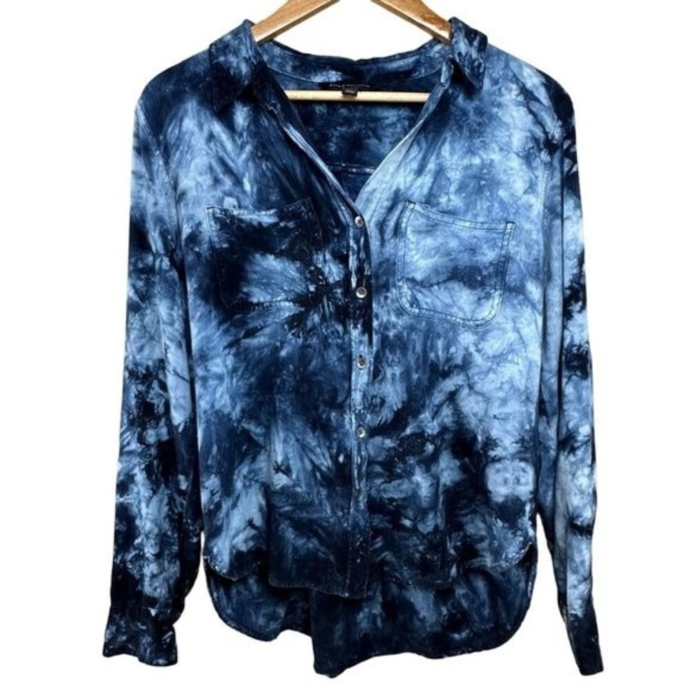 Rock & Republic Tie Dye Top Blue Long Sleeve Button Up Size Medium M
